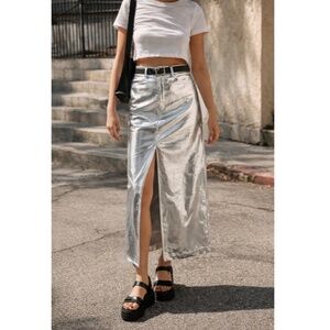 NWT Line & Dot Tinsley Metallic Silver Vegan Leather Front Slit Maxi Skirt S